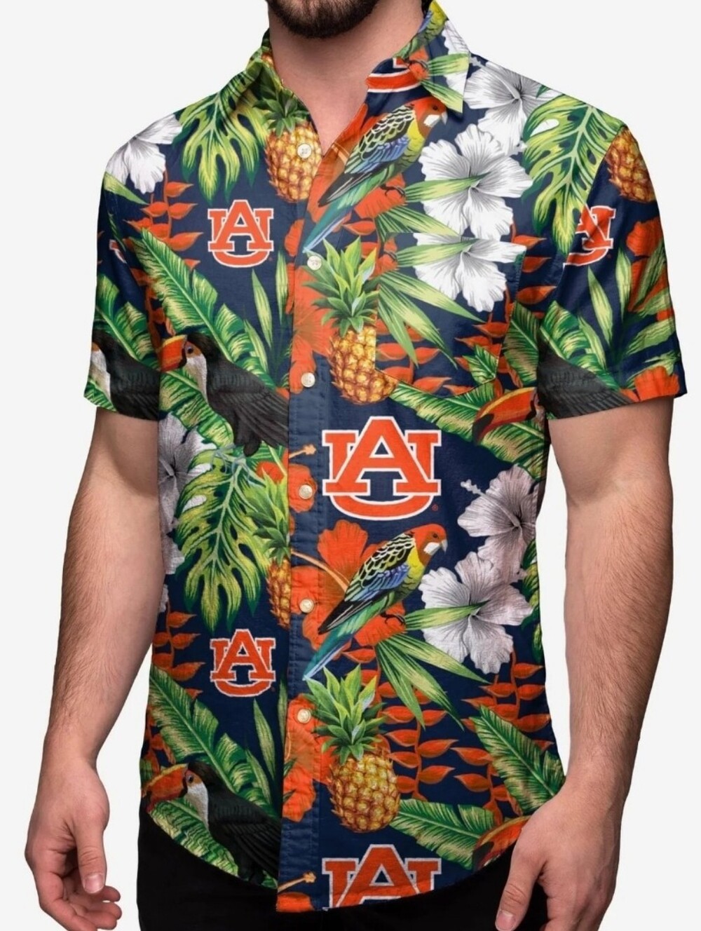 Auburn Tigers Hawaiian Shirt Mens Button Up Blue Red Pineapple Bird Print Medium